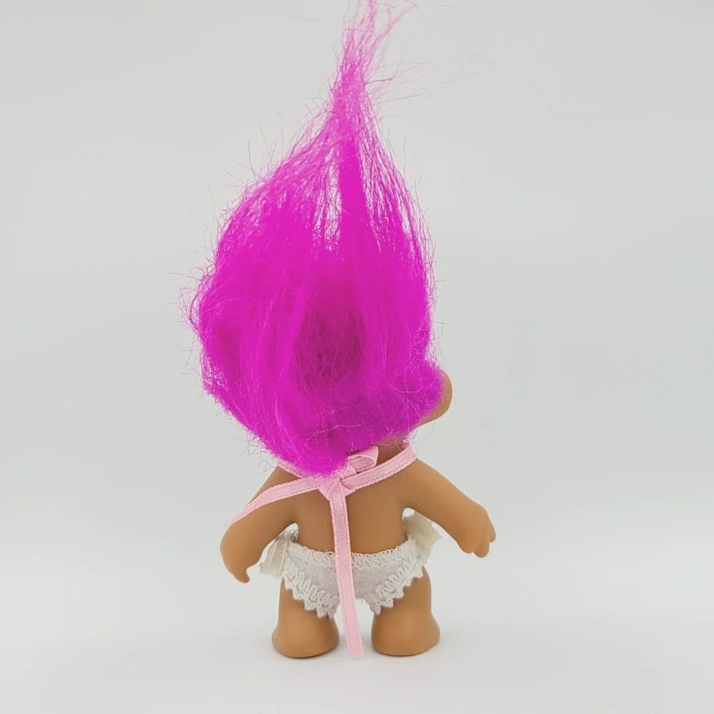 Vintage Russ Small Troll Doll Fuchsia Pink Hair Pink Bib White Diaper Baby 1990s